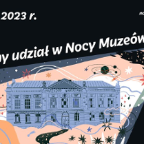 W górnym prawnym narozniku rysunkowa dziewczynka trzma latarkę, której światło wyświetla budynek muzeum latającego w kosmosie.