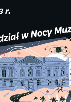 W górnym prawnym narozniku rysunkowa dziewczynka trzma latarkę, której światło wyświetla budynek muzeum latającego w kosmosie.