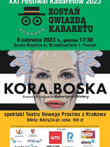 Głowa kobiety w siwych włosach na biało-czarnym tle w paski. Na dole zółty pasek, a do góry zilelony z informacjami o spektaklu. Po środku plakatu i głowy tytuł.