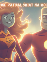 Rysunkowy superbohaterowie w czerwonych strojach. Po lewej dziewczyna w długich rudych rozwianych włosach. a po prawej straszy mężczyna w siwej brodzie. W tle rozmyte miasto.