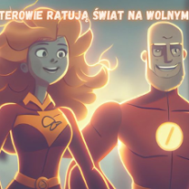 Rysunkowy superbohaterowie w czerwonych strojach. Po lewej dziewczyna w długich rudych rozwianych włosach. a po prawej straszy mężczyna w siwej brodzie. W tle rozmyte miasto.