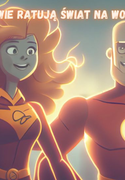 Rysunkowy superbohaterowie w czerwonych strojach. Po lewej dziewczyna w długich rudych rozwianych włosach. a po prawej straszy mężczyna w siwej brodzie. W tle rozmyte miasto.