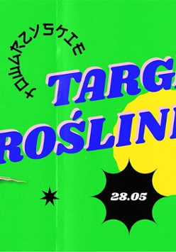 Neonowo - zielone tło z roślinami i kolorowymi napisami.