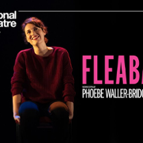 Plakat przedstawia uśmiechniętą kobietę - Phoebe Waller-Bridge - w granatowych spodniach i luźnym fioletowym swetrze, siedzącą na wysokim krześle. Spogląda w górę. Jest oświetlone przez reflektor sceniczny. Duży różowy napis FLEABAG.