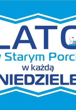 Biało niebieski plakat z granatowym napisem po środku, a po jego bokach palmy.