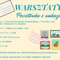 Niebieskie napisy na zółtym tle. Po prawej rysunkowe znaczki pocztowe.