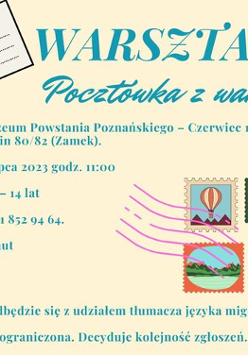 Niebieskie napisy na zółtym tle. Po prawej rysunkowe znaczki pocztowe.