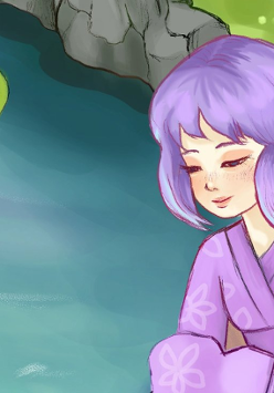 Dzieczyna w fioletowych włosach i kimonie siedzi nad stawem porośniętm różowymi liliami. Za nią ścieżka i zieleń.