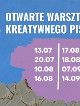 W dolnm lewym rogu mężczyzna rzeźbiący napisy w kamieniu, a nad nim chmurka jego myśli z maszyną do pisania. Obok napisy informacyjne o wydarzeniu.