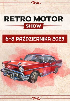 Beżowy plakat z czerownym samochodem na środku. Dookoła loga i informacje o wydarzeniu.