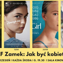 Cztery plalaty filowe obok siebie na zółtym tle.