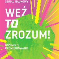 Plakat w jaskrawych kolorach: jasno-zielony wielokąt i różowo-żółto-pomarańczowe linie. Na tle zielonego wielokąta tytuł przedstawienia