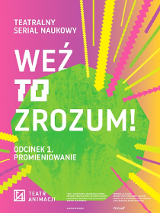 Plakat w jaskrawych kolorach: jasno-zielony wielokąt i różowo-żółto-pomarańczowe linie. Na tle zielonego wielokąta tytuł przedstawienia.