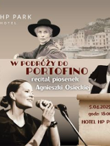 Na pierwszym planie kobieta stoi przy mikrofonie. Na górze zdjęcie Osieckiej w czarnym kapeluszu. Na środku i w prawym dolnym rogu - tytuł i data wydarzenia/