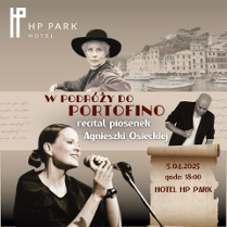 Na pierwszym planie kobieta stoi przy mikrofonie. Na górze zdjęcie Osieckiej w czarnym kapeluszu. Na środku i w prawym dolnym rogu - tytuł i data wydarzenia/