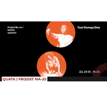 na czarnym tle dwa pomarańczowe koła z postaciami artystów oraz informacjami o spektaklu