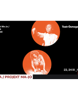 na czarnym tle dwa pomarańczowe koła z postaciami artystów oraz informacjami o spektaklu