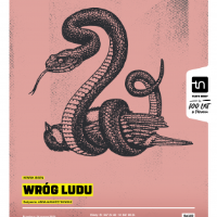 Pośrodku plakatu wąż duszący ptaka, poniżej tytuł i informacje dotyczące spektaklu