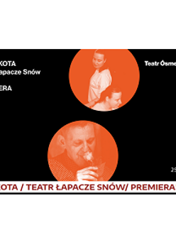 na czarnym tle dwa pomarańczowe koła z postaciami artystów oraz informacjami o spektaklu