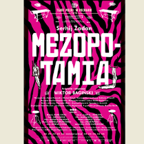 na różowo-czarnym tle białe napisy informacyjne o spektaklu