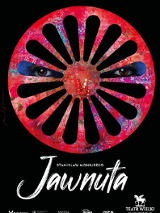 na pierwszym planie na czarnym tle kolorowe koło z symetrycznymi wycięciami, zza których widoczna jest para oczu, poniżej białe napisy z tytułem i autorem sztuki