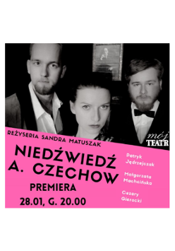 w górnej częsci ilustacji zdjęcie twarzy trzech osób: dwóch mężczyzn i kobiety (w środku) na czarnym tle, z tyłu zdjęcie postaci w ramce. W dolnej części grafiki na różowym tle informacje o spektaklu.