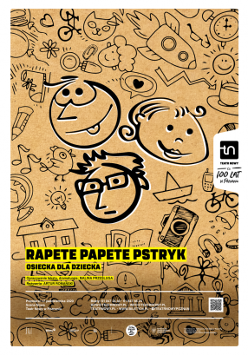 Na beżowym tle rysunki twarzy i różnych przedmiotów np. aparatu fotograficznego, łódki, domu, roweru i innych. U dołu plakatu informacje o przedstawieniu na żółtym tle.