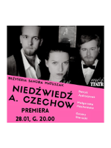 w górnej częsci ilustacji zdjęcie twarzy trzech osób: dwóch mężczyzn i kobiety (w środku) na czarnym tle, z tyłu zdjęcie postaci w ramce. W dolnej części grafiki na różowym tle informacje o spektaklu.