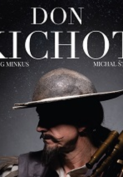 Zdjęcie mężczyzny z wąsem w kapeluszu, na górze plakatu tytuł spektaklu "Don Kichot".