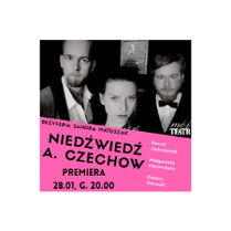 w górnej częsci ilustacji zdjęcie twarzy trzech osób: dwóch mężczyzn i kobiety (w środku) na czarnym tle, z tyłu zdjęcie postaci w ramce. W dolnej części grafiki na różowym tle informacje o spektaklu.