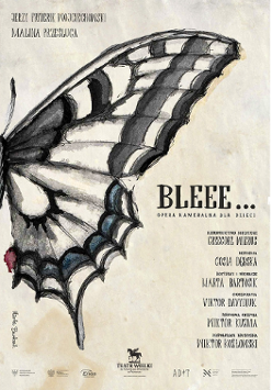 na jasnym tle skrzydło motyla namalowane czarnym kolorem, dodatkowo informacje o spektaklu