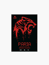 na czarnym tle, pośrodku za pomocą małych czerwonych kwadratów narysowano głowę tygrysa, powyżej logotyp teatru, a poniżej informacje o spektaklu