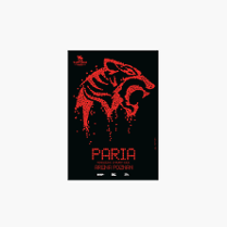 na czarnym tle, pośrodku za pomocą małych czerwonych kwadratów narysowano głowę tygrysa, powyżej logotyp teatru, a poniżej informacje o spektaklu