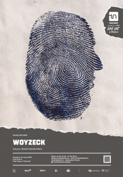 Plakat z rysunkiem twarzy z profilu. Rysunek twarzy wypełniony jest licznymi, cienkimi liniami przypominającymi odcisk palca. Na dole plakatu informacje na temat spektaklu.
