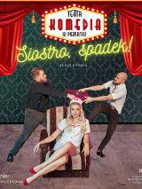 pośrodku zdjęcia na krześle siedzi młoda, atrakcyjna kobieta w stroju pielęgniarki, za nią dwóch mężczyzna wyrywa sobie z rąk skórzaną teczkę. Wokół postaci informacje o spektaklu.