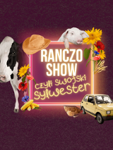 pośrodku zdjęcia tytuł spektaklu w ramie, zza ramy wychylają się: z lewej strony krowa, u góry świnia. Przy nich kolorowe kwiaty polne, kolby kukurydzy i kłosy zbóż. Przed ramą znajduje się kura dziobiąca ziemię i żóły Fiat 126p.