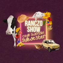 pośrodku zdjęcia tytuł spektaklu w ramie, zza ramy wychylają się: z lewej strony krowa, u góry świnia. Przy nich kolorowe kwiaty polne, kolby kukurydzy i kłosy zbóż. Przed ramą znajduje się kura dziobiąca ziemię i żóły Fiat 126p.