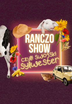 pośrodku zdjęcia tytuł spektaklu w ramie, zza ramy wychylają się: z lewej strony krowa, u góry świnia. Przy nich kolorowe kwiaty polne, kolby kukurydzy i kłosy zbóż. Przed ramą znajduje się kura dziobiąca ziemię i żóły Fiat 126p.