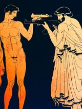 Grafika przedstawiająca dwóch mężczyzn, jeden nagi, drugi w szatach z czasów antycznych. Mężczyźni stoją naprzeciw siebie z wymierzoną w siebie nawzajem bronią.