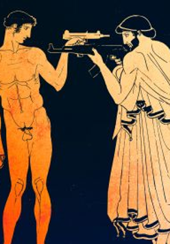 Grafika przedstawiająca dwóch mężczyzn, jeden nagi, drugi w szatach z czasów antycznych. Mężczyźni stoją naprzeciw siebie z wymierzoną w siebie nawzajem bronią.