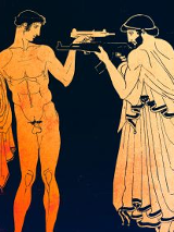 Grafika przedstawiająca dwóch mężczyzn, jeden nagi, drugi w szatach z czasów antycznych. Mężczyźni stoją naprzeciw siebie z wymierzoną w siebie nawzajem bronią.