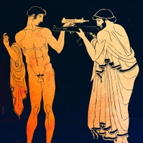 Grafika przedstawiająca dwóch mężczyzn, jeden nagi, drugi w szatach z czasów antycznych. Mężczyźni stoją naprzeciw siebie z wymierzoną w siebie nawzajem bronią.