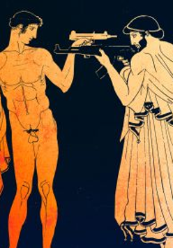 Grafika przedstawiająca dwóch mężczyzn, jeden nagi, drugi w szatach z czasów antycznych. Mężczyźni stoją naprzeciw siebie z wymierzoną w siebie nawzajem bronią.