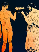 Grafika przedstawiająca dwóch mężczyzn, jeden nagi, drugi w szatach z czasów antycznych. Mężczyźni stoją naprzeciw siebie z wymierzoną w siebie nawzajem bronią.