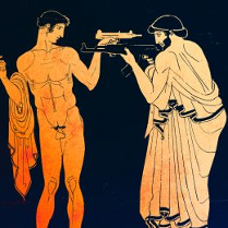 Grafika przedstawiająca dwóch mężczyzn, jeden nagi, drugi w szatach z czasów antycznych. Mężczyźni stoją naprzeciw siebie z wymierzoną w siebie nawzajem bronią.