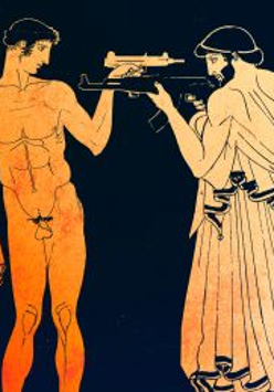 Grafika przedstawiająca dwóch mężczyzn, jeden nagi, drugi w szatach z czasów antycznych. Mężczyźni stoją naprzeciw siebie z wymierzoną w siebie nawzajem bronią.