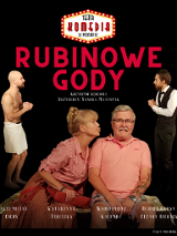 Pośrodku siedzą mężczyzna i kobieta. Kobieta pochyla się w stronę mężczyzny chcąc go pocałować. Za nimi po obu stronach stoi dwóch mężczyzn. Na plakacie również informacje o spektaklu.