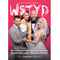 Na zdjęciu są cztery osoby: dwie kobiety ubrane w suknie ślubne, dwaj mężczyźni w eleganckie garnitury. Pośrodku wszyscy trzymają zapaloną gromnicę. Wokół postaci informacje o spektaklu.