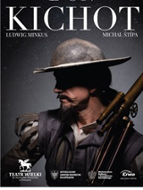 Zdjęcie mężczyzny z wąsem w kapeluszu, na górze plakatu tytuł spektaklu "Don Kichot".