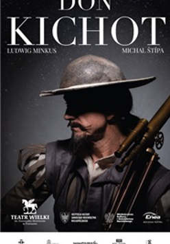 Zdjęcie mężczyzny z wąsem w kapeluszu, na górze plakatu tytuł spektaklu "Don Kichot".